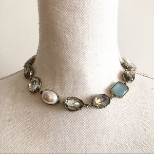 LOFT Silver Tone Multicolored Chunky Gem Stones & Faux Pearl Statement Necklace